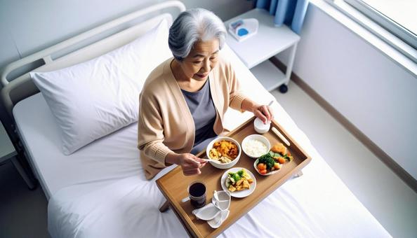 座って食事をするシニア女性の患者 座って食事をするシニア女性の患者の写真
