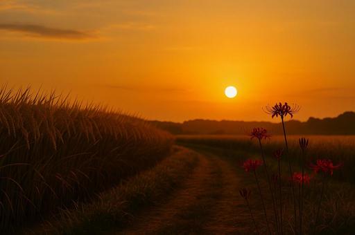 夕焼けと彼岸花と稲穂 夕焼けと彼岸花と稲穂の写真