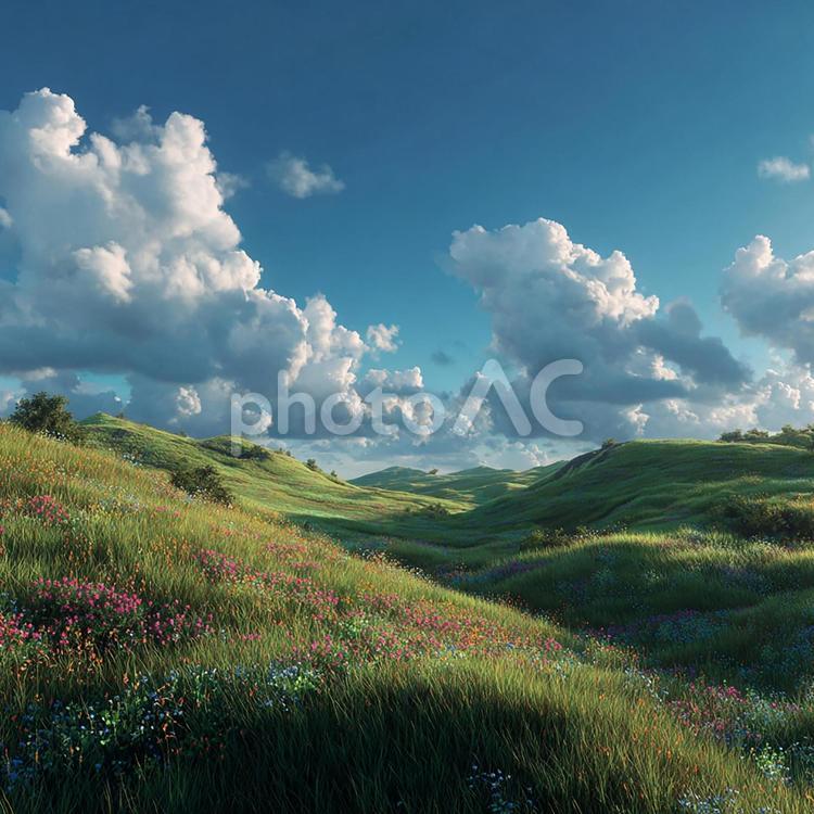 穏やかな丘陵地帯の美しい風景 丘,丘陵,草原の写真素材