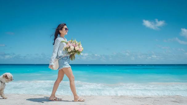 輝く海を背景に花束を持つエレガントな女性の写真