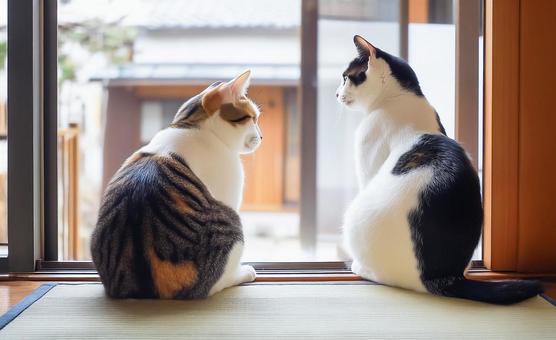 室内でくつろぐ2匹の日本猫 室内でくつろぐ2匹の日本猫の写真