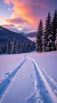 雪の黄昏の景色 冬の針葉樹 雪の黄昏の景色 冬の針葉樹の写真