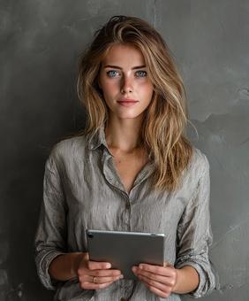 タブレットを持つ女性の笑顔 タブレットを持つ女性の笑顔の写真