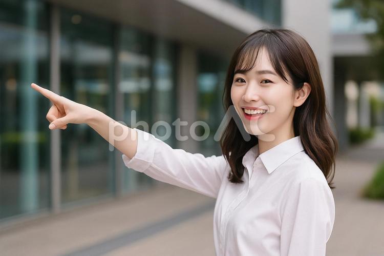 商業施設で誘導指差し 女性,笑顔,指差しの写真素材