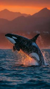山と夕焼けを背景に跳ねるシャチの写真