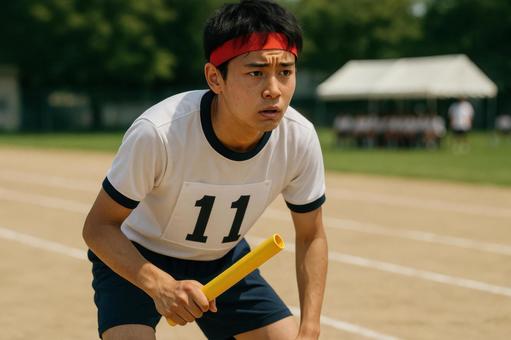 緊張の表情でバトンを持つリレー選手 緊張の表情でバトンを持つリレー選手の写真