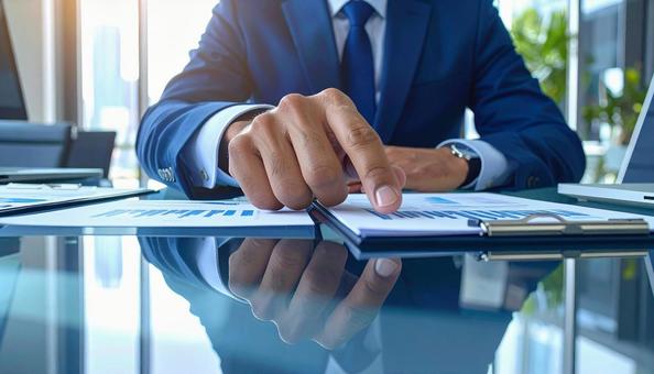 資料を指差して説明するビジネスマンの写真