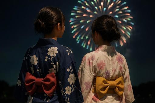 浴衣姿の姉妹が並んで花火を見上げる後ろ姿 浴衣姿の姉妹が並んで花火を見上げる後ろ姿の写真