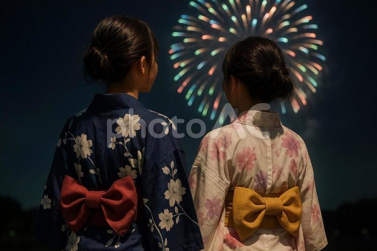 浴衣姿の姉妹が並んで花火を見上げる後ろ姿 浴衣,姉妹,花火の写真素材