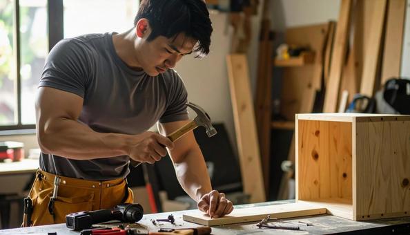 DIYで収納棚を作る男性の写真