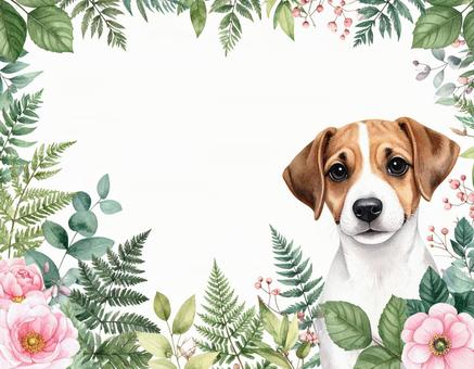 犬と花のフレーム 犬と花のフレームの写真
