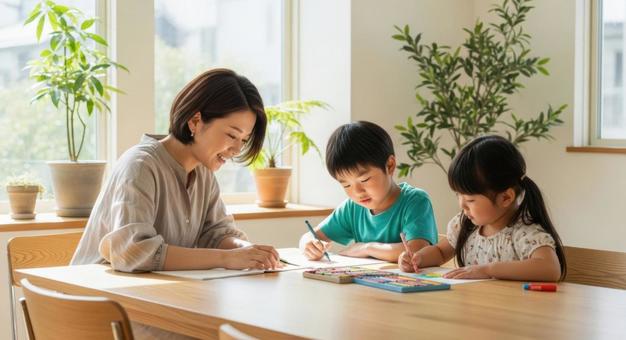 親子でお絵描き・勉強シーン 親子でお絵描き・勉強シーンの写真