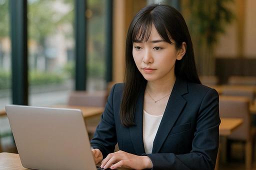 パソコンで作業をする女性 パソコンで作業をする女性の写真