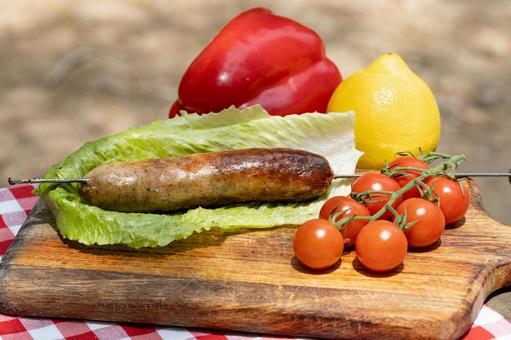 レタスの上に置かれたソーセージや野菜 ソーセージ,焼き目,焦げ目の写真素材