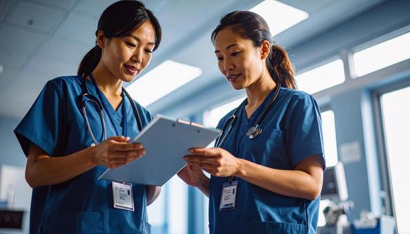 薬剤投与を二重チェックする看護師二人 薬剤投与を二重チェックする看護師二人の写真