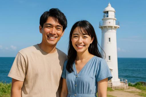 灯台を背景にしたカップルの記念写真の写真