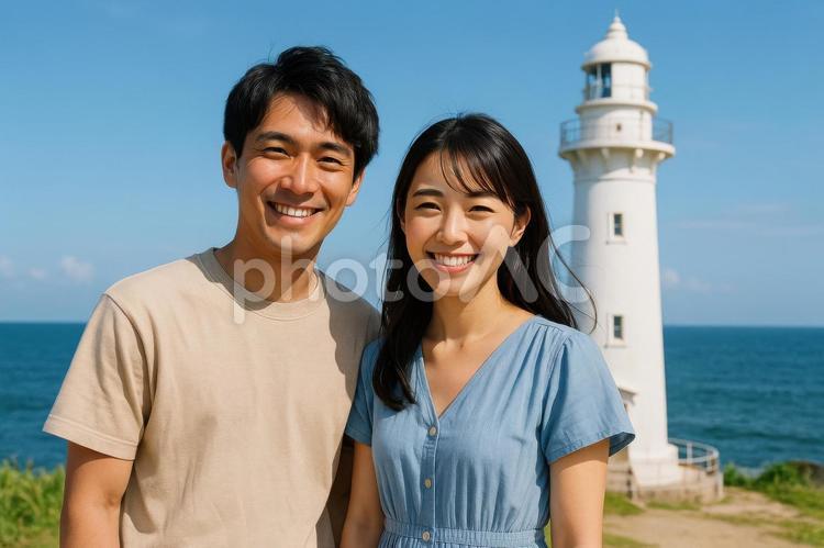 灯台を背景にしたカップルの記念写真 日本人,カップル,夏休みの写真素材