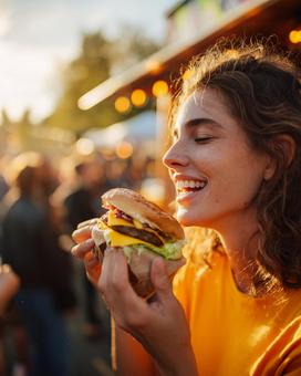 町中でハンバーガーを食べる女性 町中でハンバーガーを食べる女性の写真