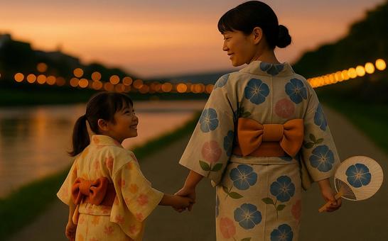 夕暮れに歩く浴衣の母娘(AI) 夕暮れに歩く浴衣の母娘(AI)の写真