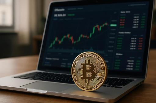 取引所画面とビットコイン 取引所画面とビットコインの写真