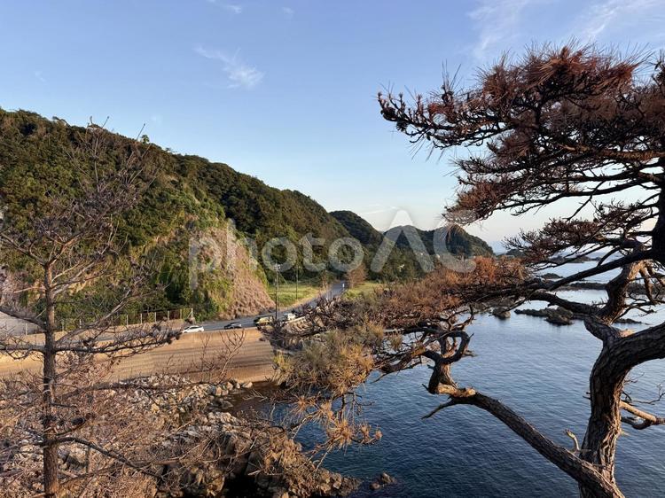 福井県鉾島　越前海岸の夕方の空 断崖絶壁,水平線,夕景の写真素材