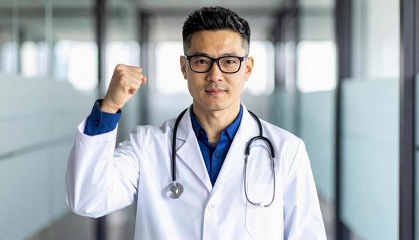ガッツポーズをする日本人の男性医師 ガッツポーズをする日本人の男性医師の写真