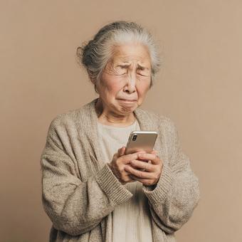 見えづらそうにスマホを見るの写真