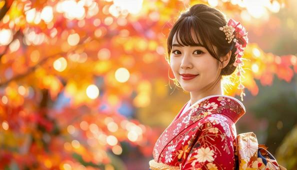 紅葉を眺める晴れ着姿の女性のポートレートの写真