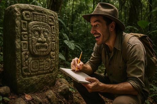 石像を写生する探検家の写真