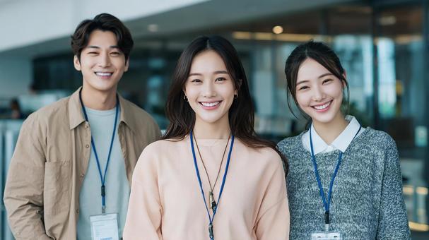 明るい表情で歩く新入社員のグループの写真