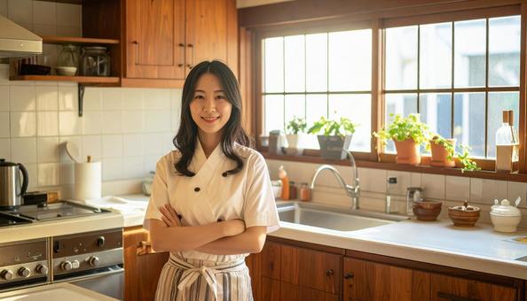 料理する日本人の若い女性の写真