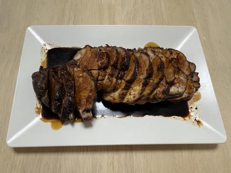 Photo, thick slices of roasted pork, roasted pork fillet, meat, 