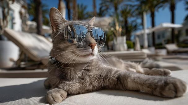 バカンスを楽しむクールな猫の姿 バカンスを楽しむクールな猫の姿の写真