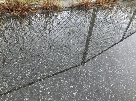 水面に反射した金網 水面に反射した金網の写真