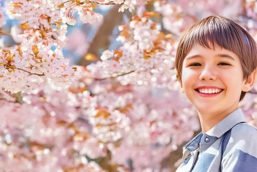 満開の桜と笑顔の少年の写真