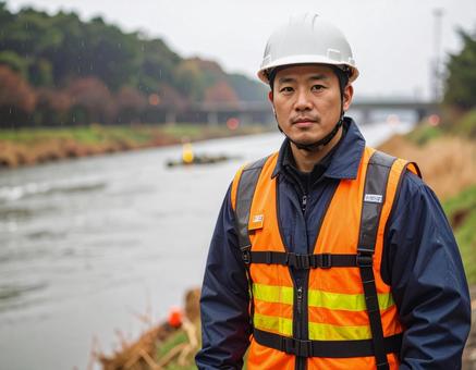 災害派遣・河川増水に立ち向かう現場責任者 災害派遣・河川増水に立ち向かう現場責任者の写真