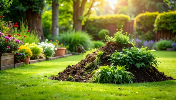 庭で草むしりしてまとめられた雑草の山 庭で草むしりしてまとめられた雑草の山の写真