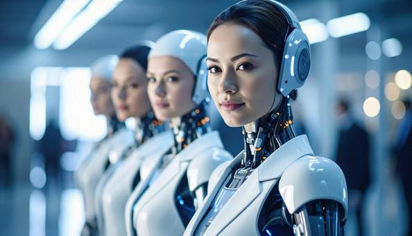 未来社会　整列する女性型ロボットの写真