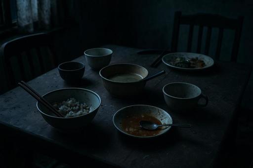 食べ残されたままになっている食卓の様子 食べ残されたままになっている食卓の様子の写真