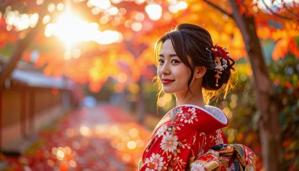 紅葉を眺める晴れ着姿の女性のポートレートの写真