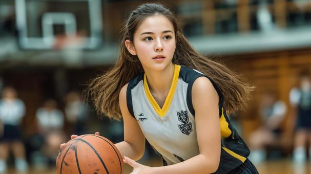 バスケットボールを構える女子学生 バスケットボールを構える女子学生の写真