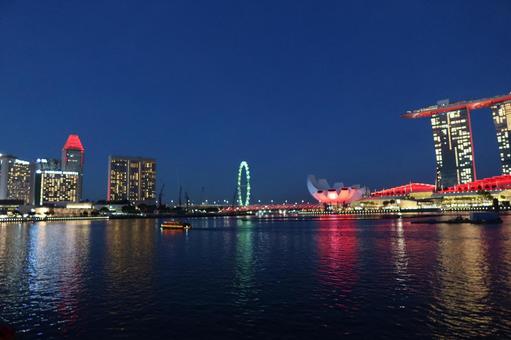 夜のマリーナベイ・サンズと観覧車 夜のマリーナベイ・サンズと観覧車 シンガポール,マリーナ,ホテルの写真素材