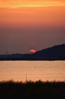 ＜千葉県＞印旛沼の夕日 印旛沼,夕日,沼の写真素材