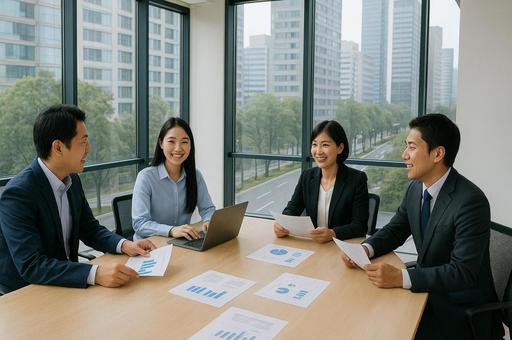 引きアングルの日本人ビジネス会議風景 引きアングルの日本人ビジネス会議風景の写真