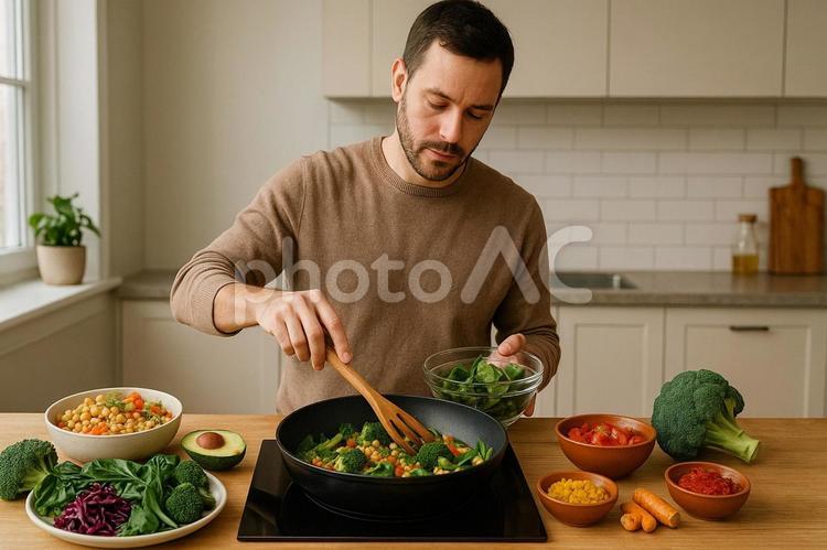 キッチンで健康的な野菜料理を作る男性 料理,調理,男性の写真素材
