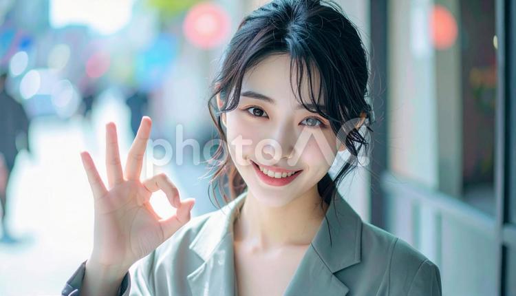 OKサインをする女性 サイン,マル,okの写真素材