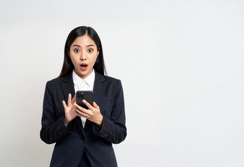 スマホを見て驚く若い日本人女性の写真