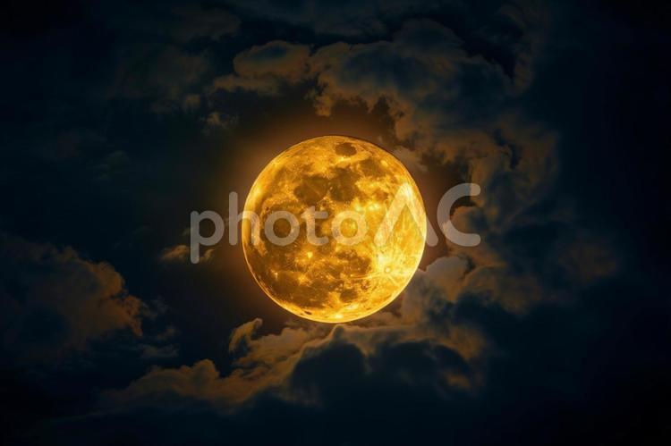 黄金の満月と雲の夜景 満月,金色,夜空の写真素材