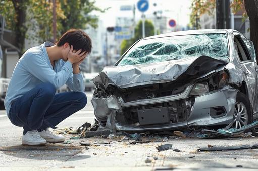 自動車事故を起こし手で顔を覆う若い男性 自動車事故を起こし手で顔を覆う若い男性の写真