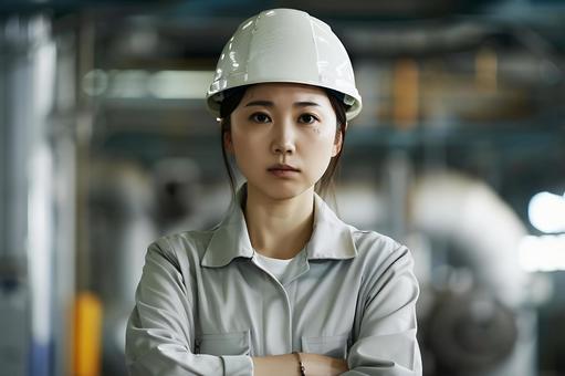 製造工場で困った表情の日本人女性管理者 製造工場で困った表情の日本人女性管理者の写真